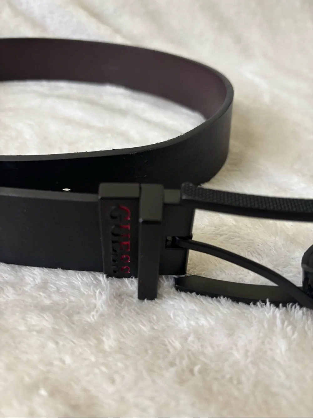 Guess Women's Black Leather Belt with Subtle Red Logo